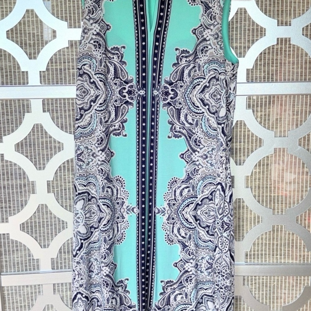 Elegant Aqua and Navy Patterned Dress